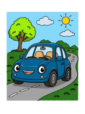 Smiling Car on a Curving Country Road Coloring Page, colored example