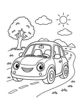 A smiling compact car on a curving road with a leafy tree, shrubs, clouds, and a sun.