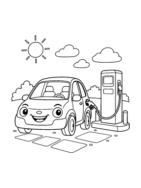 A cheerful car beside a fuel pump, with the hose connected and paving stones underfoot.