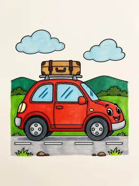 Smiling Car with a Roof Suitcase on a Country Road Coloring Page colored with AI in marker style