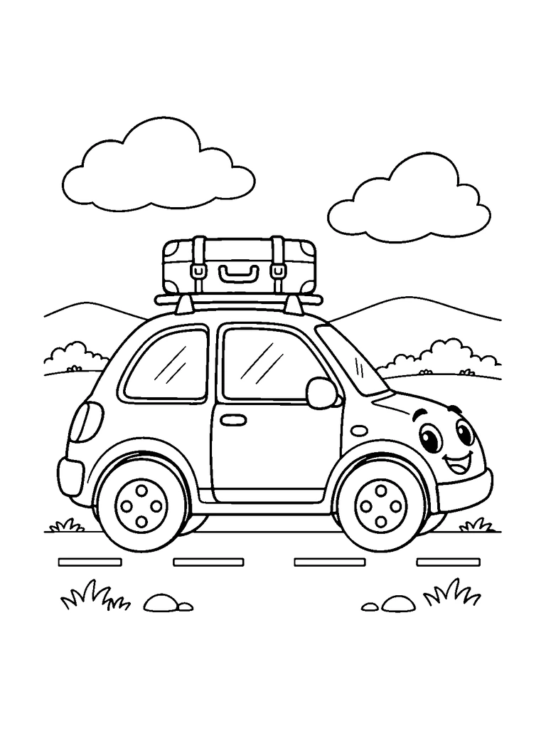 A smiling car with a strapped suitcase on its roof, traveling past low hills, shrubs, and roadside stones.