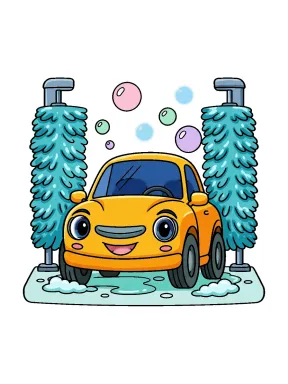 Happy Car between Automatic Wash Brushes Coloring Page colored with AI in marker style