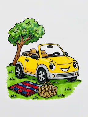 Smiling Convertible beside a Picnic Blanket and Basket Coloring Page, colored example