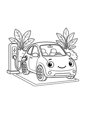 A smiling electric car connected to a charging station, with large leafy plants behind it.