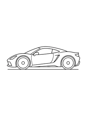 Side view of a low sports car with a sloping roof, two wheels, narrow headlights and a short ground line.