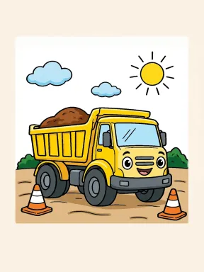 Cheerful Dump Truck Coloring Page colored with AI in marker style