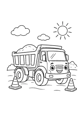 A smiling dump truck carries a mound of dirt in its level bed between two traffic cones, beneath clouds and a sun.
