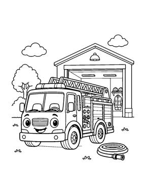 A smiling fire truck with a folded ladder secured on its roof stands outside a fire station; a coat, helmets and coiled hose are nearby.