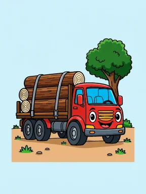 Log Truck under a Tree Coloring Page colored with AI in marker style