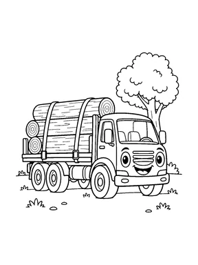 A smiling log truck carries several bound logs beside a leafy tree, with small grass tufts and stones on the ground.