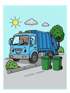 Smiling Garbage Truck with Recycling Bins Coloring Page colored with AI in marker style