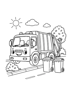 A smiling garbage truck beside two wheeled bins on a road, with a sun, clouds, bushes, and a leafy tree.