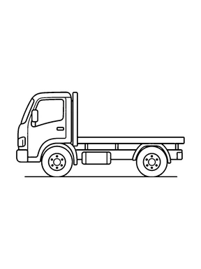 A flatbed truck in side view with a long empty platform, a cab, and two wheels.