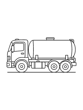 A tanker truck in side view carrying one large smooth horizontal tank, with a cab and three visible wheels.