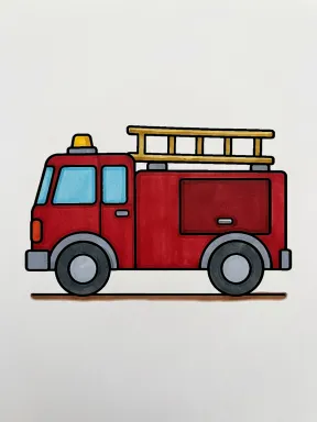 Simple Fire Truck with a Roof Ladder Coloring Page colored with AI in marker style