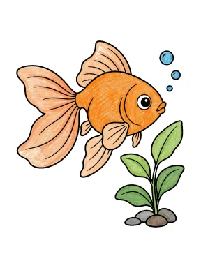 Fantail Fish Beside a Leafy Water Plant Coloring Page colored with AI in crayon style