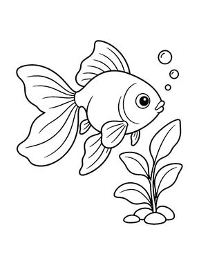 A round fish with flowing tail lobes swims beside a leafy water plant rooted among smooth stones, with bubbles above its face.