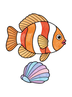 Striped Tropical Fish Above a Scallop Shell Coloring Page colored with AI in crayon style