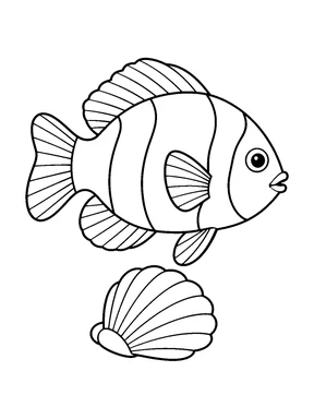 A broad striped tropical fish faces right above a fan-shaped shell, with separate fins and a flared tail.