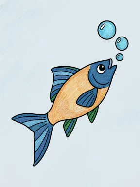 Upward-Swimming Fish Following Bubbles Coloring Page colored with AI in crayon style