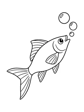 A long plain-bodied fish tilts upward toward bubbles, with a forked tail and broad separate fins.