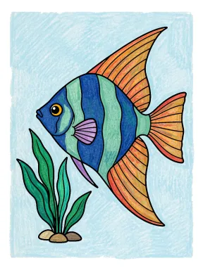 Tall-Finned Angelfish Beside Water Leaves Coloring Page colored with AI in crayon style
