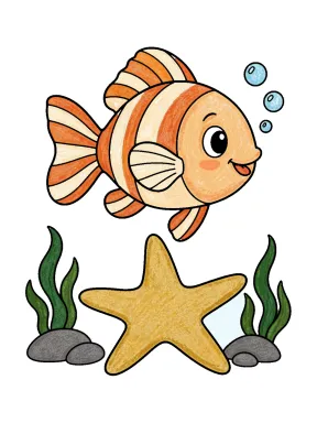 Smiling Fish Above a Large Starfish Coloring Page colored with AI in crayon style