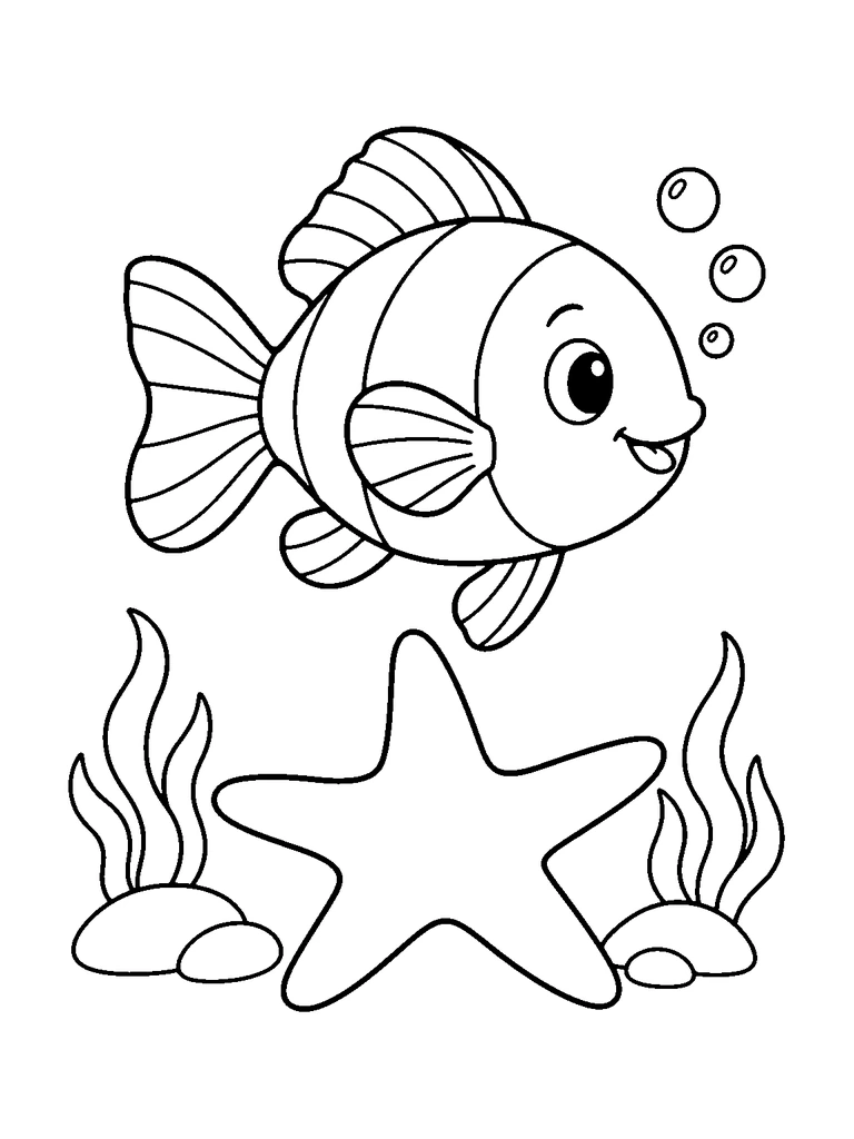 A smiling round fish swims above a large starfish, with bubbles overhead and small water plants growing among stones at either side.