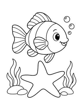 A smiling round fish swims above a large starfish, with bubbles overhead and small water plants growing among stones at either side.