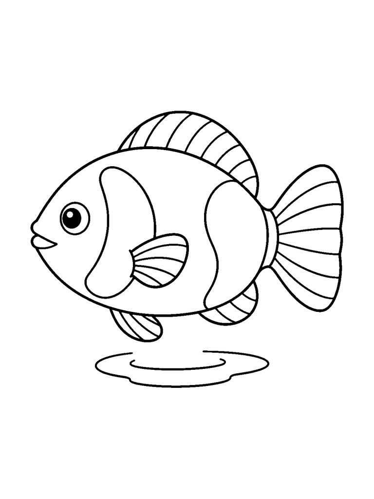 A left-facing fish has large curved patches across its body, a flared tail and a short oval water ripple underneath.