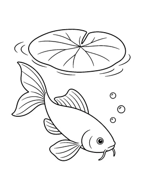 A plain-bodied pond fish with short mouth barbels swims diagonally beneath a broad lily pad, with bubbles beside its head.