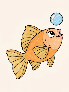 Round Fish Looking Up at a Bubble Coloring Page colored with AI in crayon style