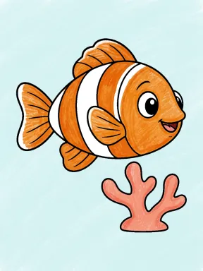 Cheerful Striped Fish Above Branching Coral Coloring Page colored with AI in crayon style