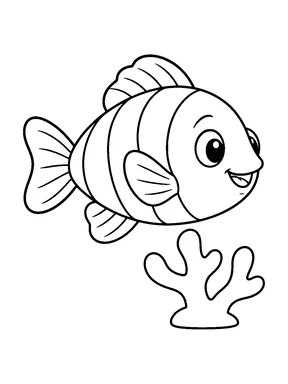 A cheerful striped fish faces right above a short rounded branching coral, with broad fins and an open smiling mouth.