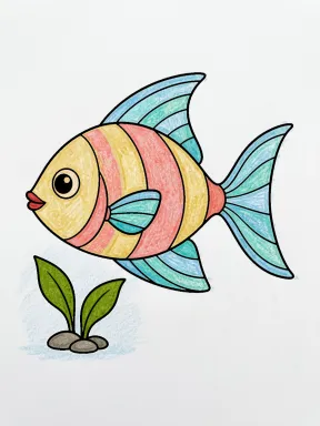 Striped Crescent-Tailed Fish Beside a Small Plant Coloring Page colored with AI in crayon style