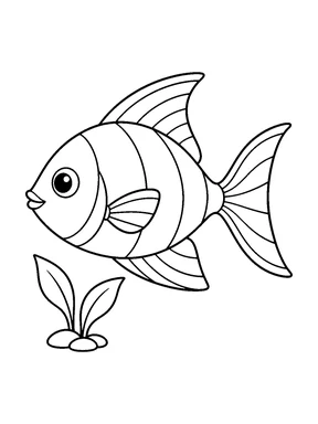 A striped deep-bodied fish faces left beside a small water plant with broad leaves and rounded stones, with a pointed dorsal fin and crescent tail.
