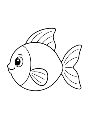 A round left-facing fish has a sweeping forked tail, a pointed dorsal fin, a large side fin and a small smiling face on a plain white background.
